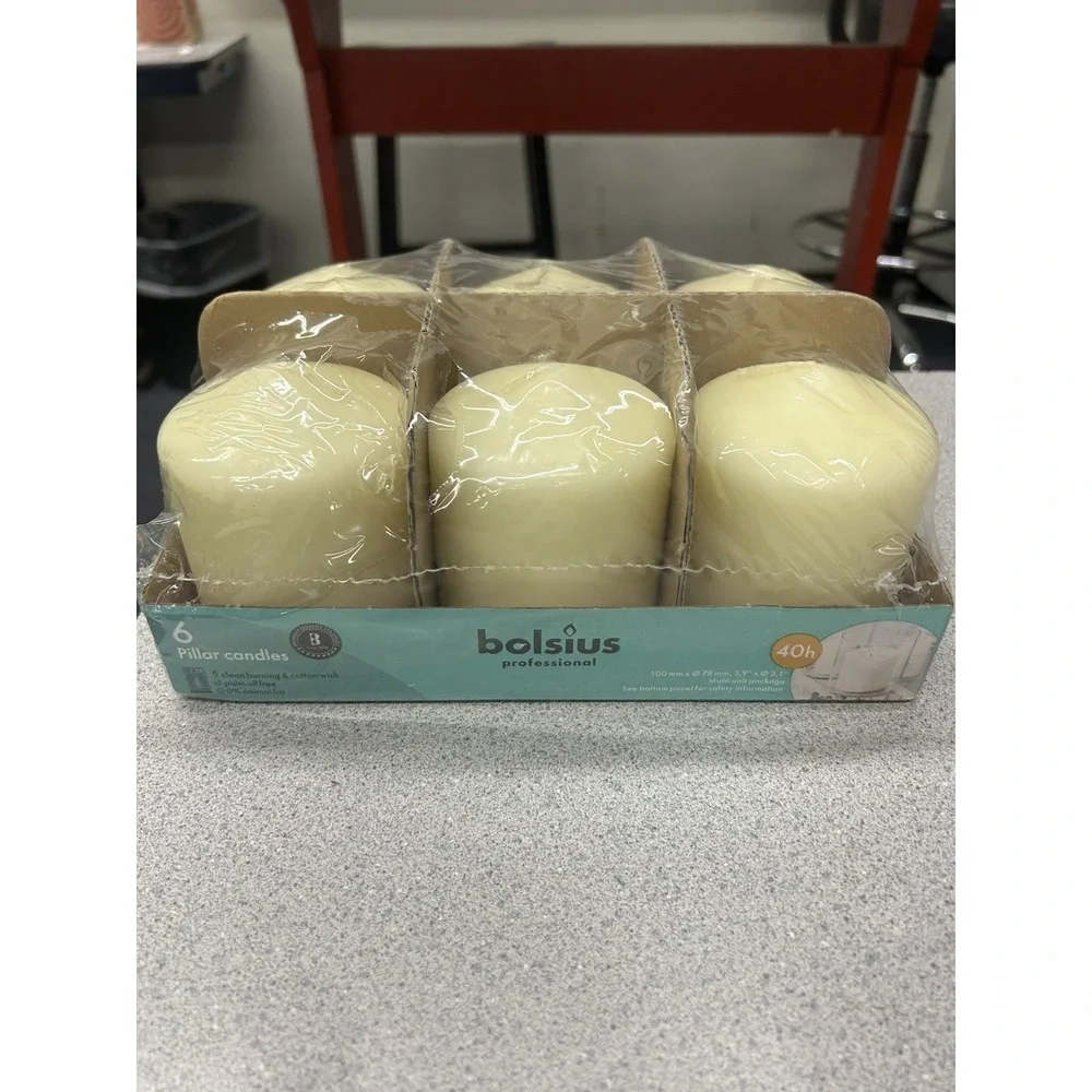 Bolsius Ivory Pillar Candles 6-Pack 40h Palm Oil Free Round 100mm x 78mm